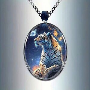 Silver Oval Shaped TIGER Pendant Necklace